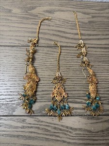 Gold earrings and tikka  with turquoise and brown beads #boho #statement