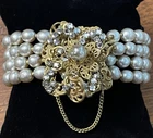 Vintage Miriam Haskell Faux Pearl Multi Strand Gold Tone Floral Top Bracelet 7”