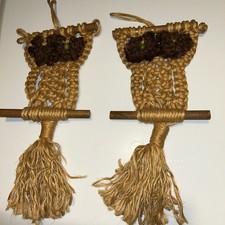 Vintage Fall farmhouse decor RARE 1960 Macrame Owl Pair wooden jute Woven