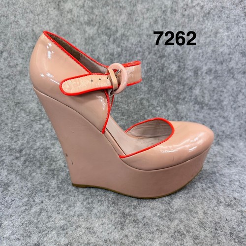 Cynthia Rowley Nude Patent Leather Neon Orange Piping Wedge Mary Jane Pumps 38.5