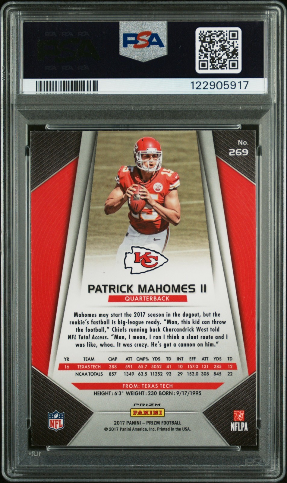 PATRICK MAHOMES SIGNED 2017 PANINI SILVER PRIZM ROOKIE RC #269 PSA 9 AUTO 10 view 2