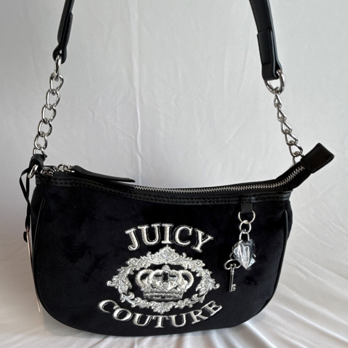 Juicy Couture Black Shoulder Bag Embroidered Logo Chain Heart Key