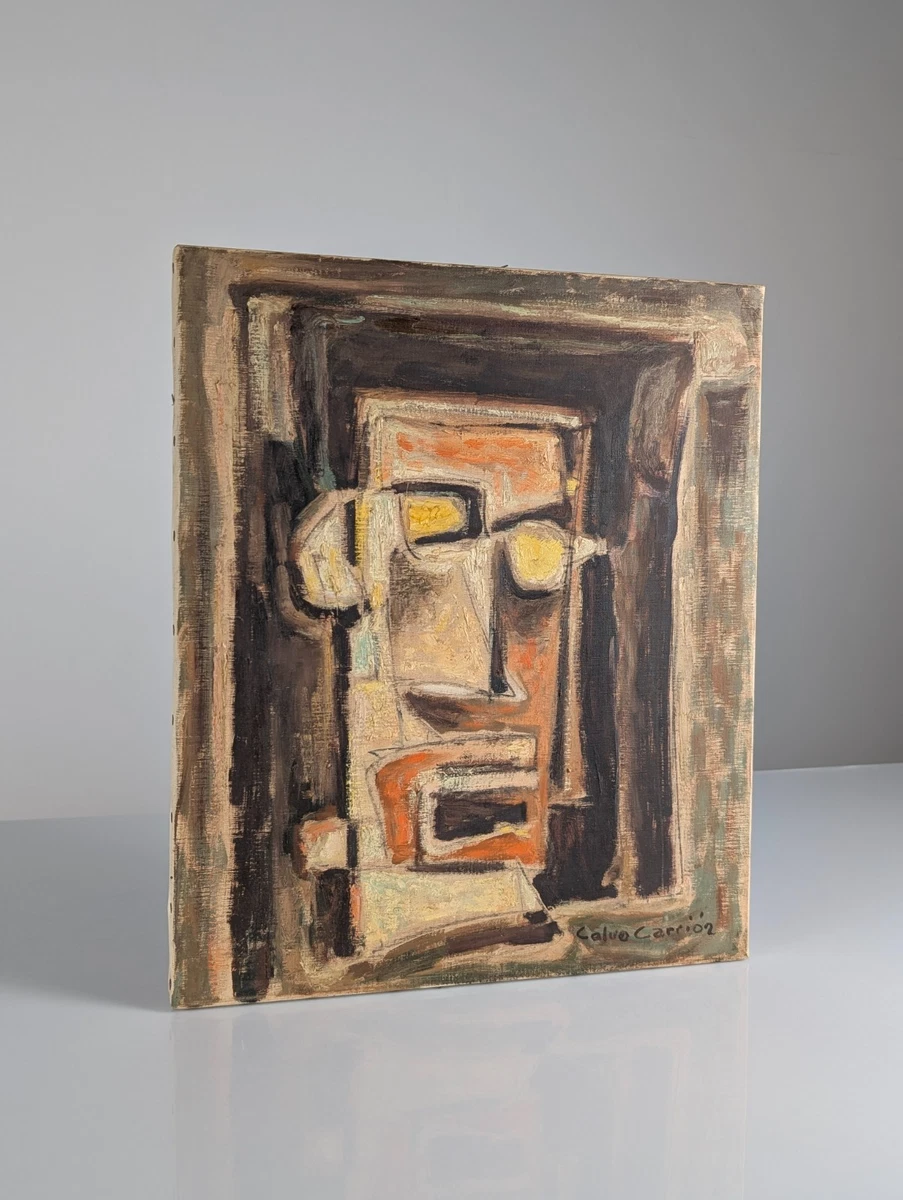 Cubist Expressionist Portrait Oil Painting by Calvo Carrión 1970s