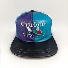 Vintage Charlotte Hornets Hat Leather Pinwheel Snapback 90s NBA Cap MADE IN USA