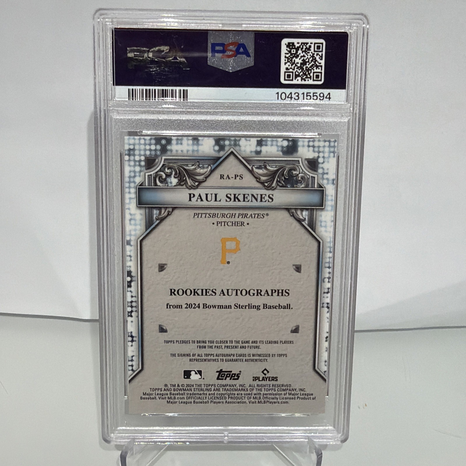 PAUL SKENES SIGNED 2024 BOWMAN STERLING ORANGE REFRACTOR ROOKIE CARD /75 PSA 10 view 2