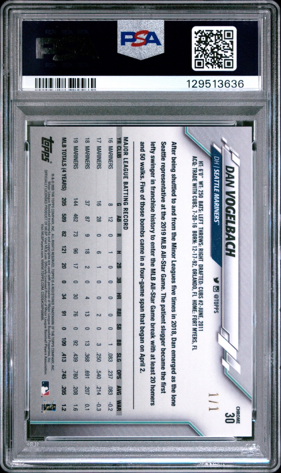 2020 Topps Chrome Dan Vogelbach Superfractor 1/1 PSA 10 Gem Mint view 2