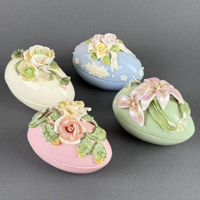 Ceramic Floral Easter Egg Trinket Box Set 4 Piece Pastel Easter Decor 4.5''