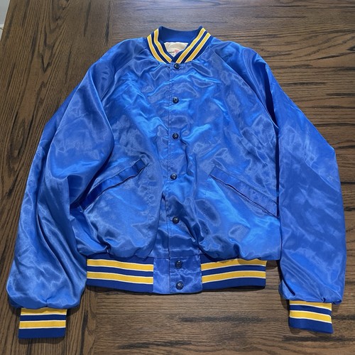 Vintage 80s King Louie Pro Fit Jacket Mens Large Blue Satin Bomber Made in USA - Picture 1 of 3