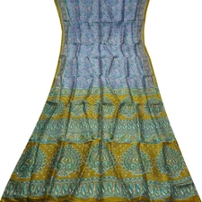 Namaste Vintage Teal Sarees 100% Pure Silk Paisley Printed Sari 5YD Craft Fabric