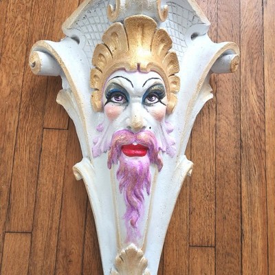 Hand Painted Drag Queen Plaster Wall Corbel Purple Beard Gold White Large Decor