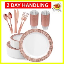 Elegant 150 Count Rose Gold Disposable Dinnerware Set with Gold Lace Design