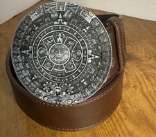 Silver Plated Aztec Calendar Belt Buckle And Brown Belt 51in Long