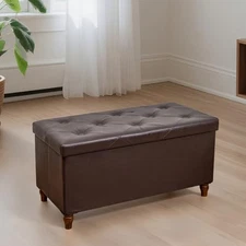 30 Inches Storage Ottoman Bench with Wooden Legs, Faux Engineered Wood Brown