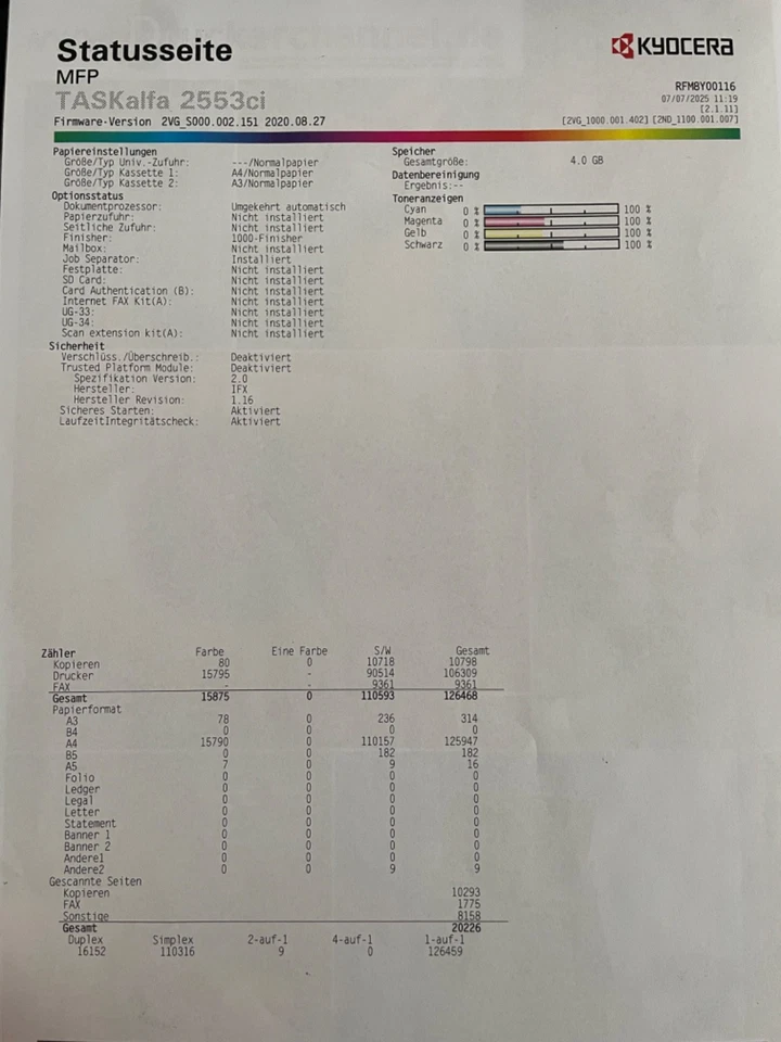 Kyocera TASKalfa 2553Ci Farbdrucker Scanner Finisher LAN USB, nur 126.468 Seiten - Bild 2 von 2