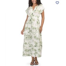 Rachel Zoe Green Tropical Toile Linen Blend Smocked Maxi Dress XL Boho Summer