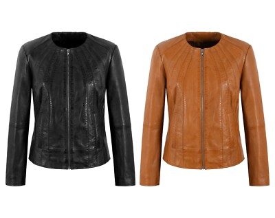 Damen Biker Kragenlos Hellbraun Lederjacke Slim Fit Modedesigner Dua Lipa