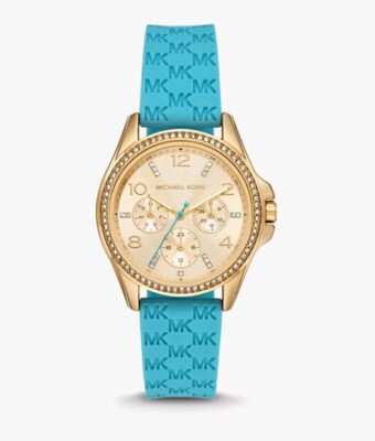 Michael Kors Mini Pilot Pavé Gold-Tone and Logo Silicone Watch
