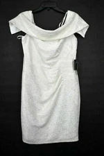 Marina Womens Off-the-Shoulder Metallic Knit Shirred Dress Short Sleeve Lined 12