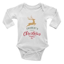 Personalised First Christmas Deer Xmas Long Sleeve Baby Grow Vest Bodysuit Gift
