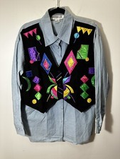 Funky 80s Vested Denim Shirt Large Harbour View Costume