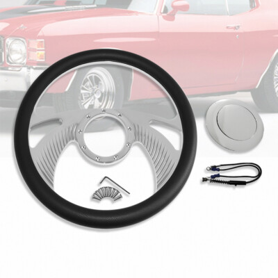 14'' Wings Steering Wheel Black Leather Half Wrap 9 Holes w/ Smooth Horn Button