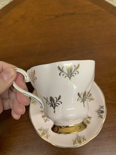 Royal Grafton Pink Pedestal Teacup Saucer Bone China Gold Leaf Turquoise center - Picture 5 of 12
