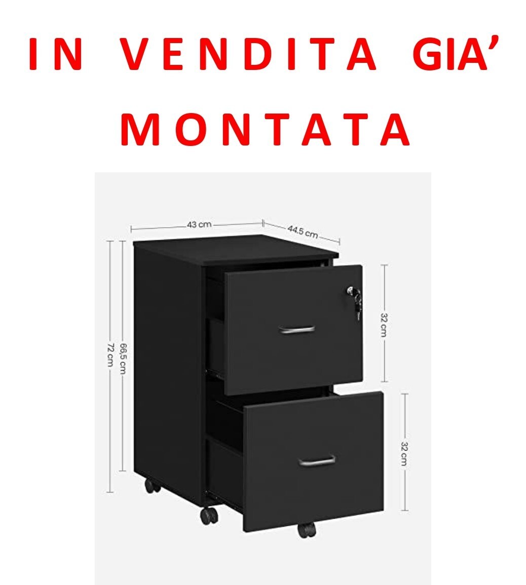 VASAGLE, Cassettiera da Ufficio,  con Serratura e Ruote, 2 Cassetti, Colore Nero