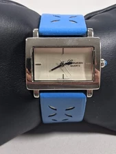 Genevex Silver Tone Dial Rectangle Case Blue Leather Band Watch 