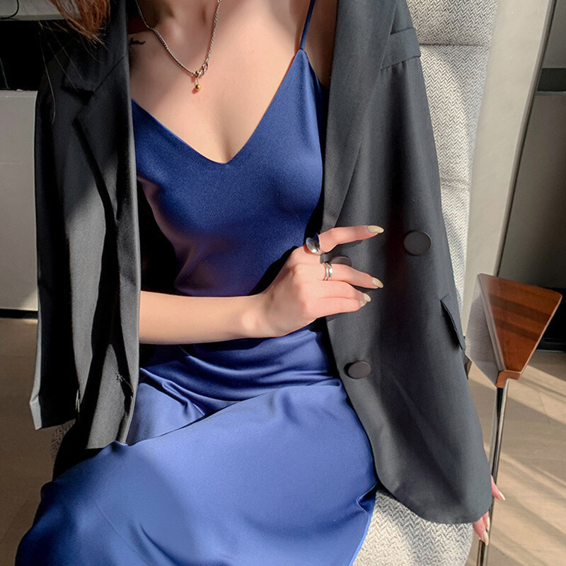 Women Long Satin Slip Dress Spaghetti Strap Party Dress Vintage Silk Sexy Prom Dress c2491 main image 0