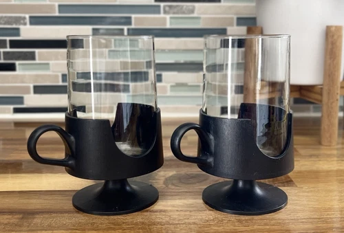 Corning Glass Snap Smoke Glass in Plastic Holder Hot Cold Cups Mugs EUC set of 2