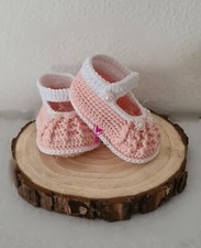 Scarpine bebè ,rosa, 0-3 mesi,fatte a mano, filato cotone Oeko tex, cerimonia