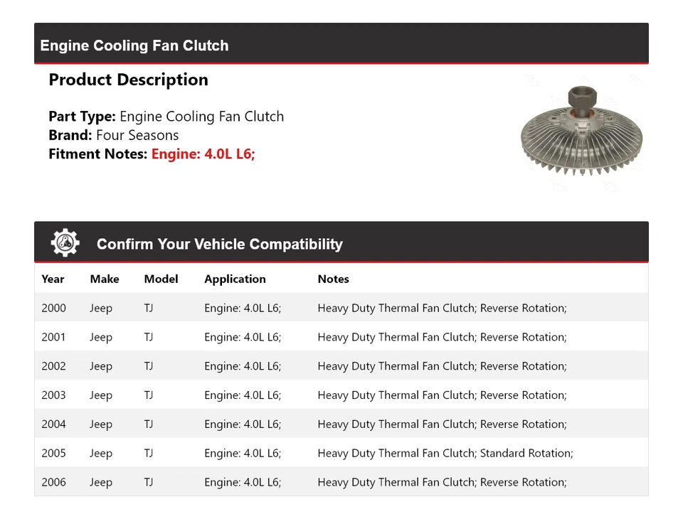 Embrague ventilador refrigeración motor Jeep TJ 2000-2006 4,0 L L L6 4 estaciones 2001 2002 2003 Foto 2 de 4