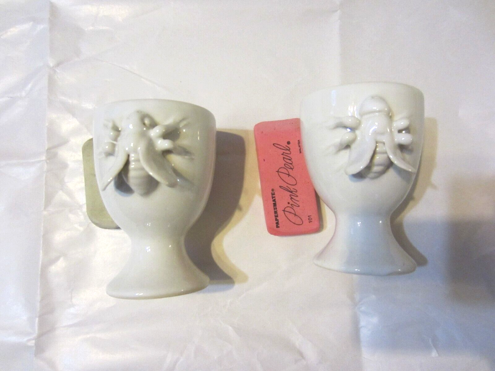 White Pottery Pair of 3-Dimensional 3-D Bee Design Footed Egg Cups NR