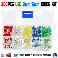 200Pcs 3mm 5mm LED Light White Yellow Red Blue Green Assortment Diodes Kit Box