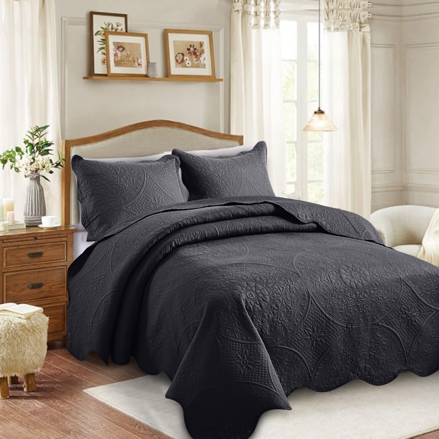 Luxurious Floral Quilt with Pillow Shams Reversible Bedspreads Twin Queen King