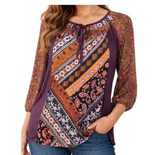 Fig and Flower Women Purple Medium Blouse Mixed Print Boho 3/4 Sleeve Excellent