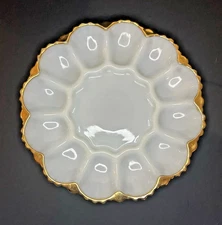 Vintage Anchor Hocking White Milk Glass 12 Egg Oyster Plate Platter Gold Trim