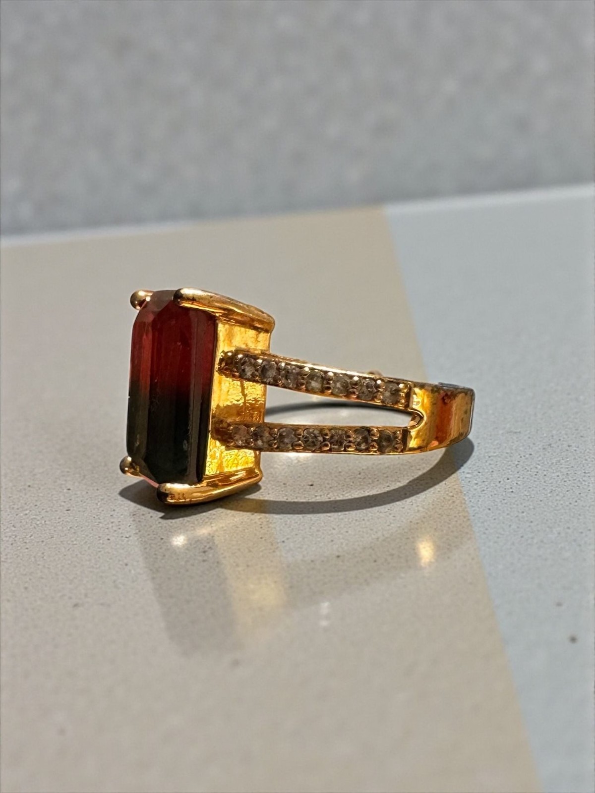 Lab Created Emerald Cut Watermelon Tourmaline Rin… - image 2