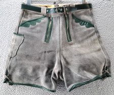 VTG Lederhosen Oktoberfest Shorts Mens 28x4 Gray Green Leather German Belted