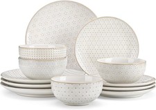 MALACASA 12 Piece Dinner Set for 4, Plates and Bowls Sets 12 Pieces, Embossed S