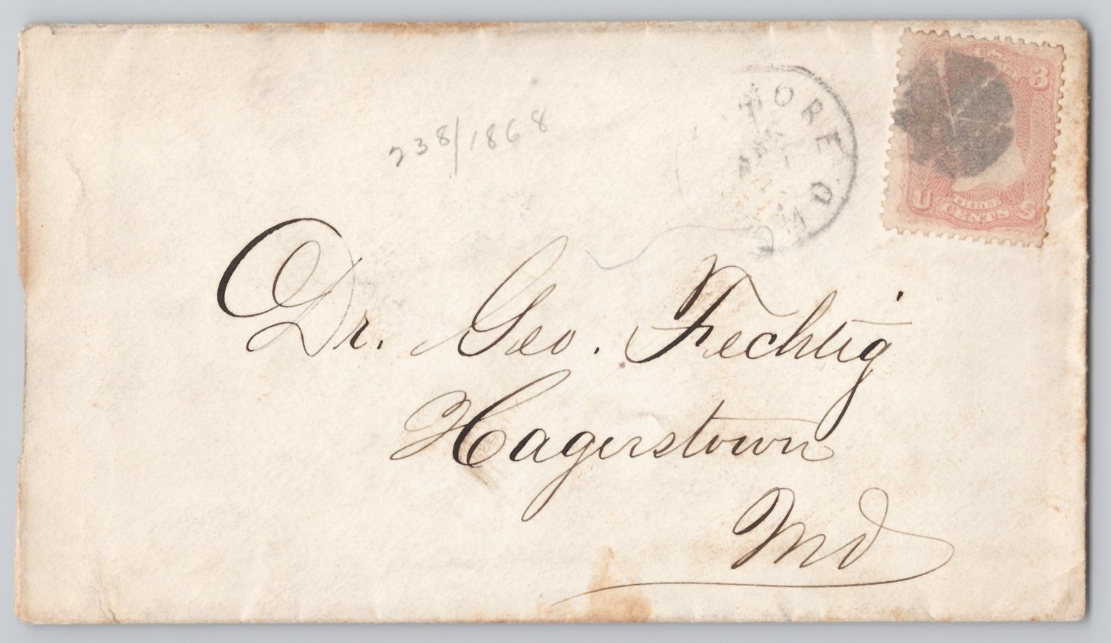 Addressed envelope with 2c Washington stamp, circular cancel Un