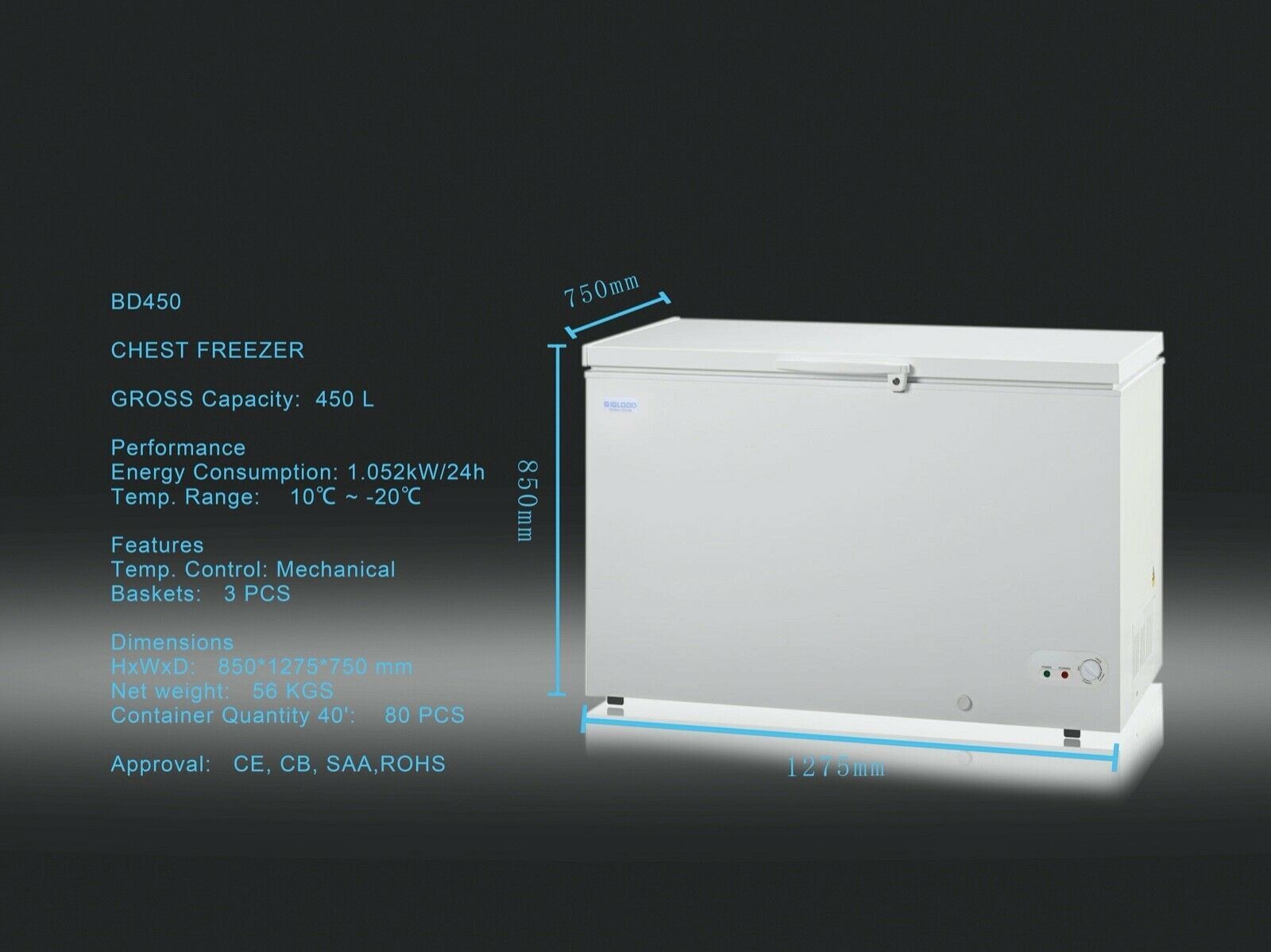 IGLOO CHEST FREEZER CHILLER 450LT EXTERNAL DIMENSIONS: 1275M