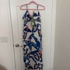 Women's Farm Rio Dress S Linen Anthropologie New Blue White Midi Floral Tropical