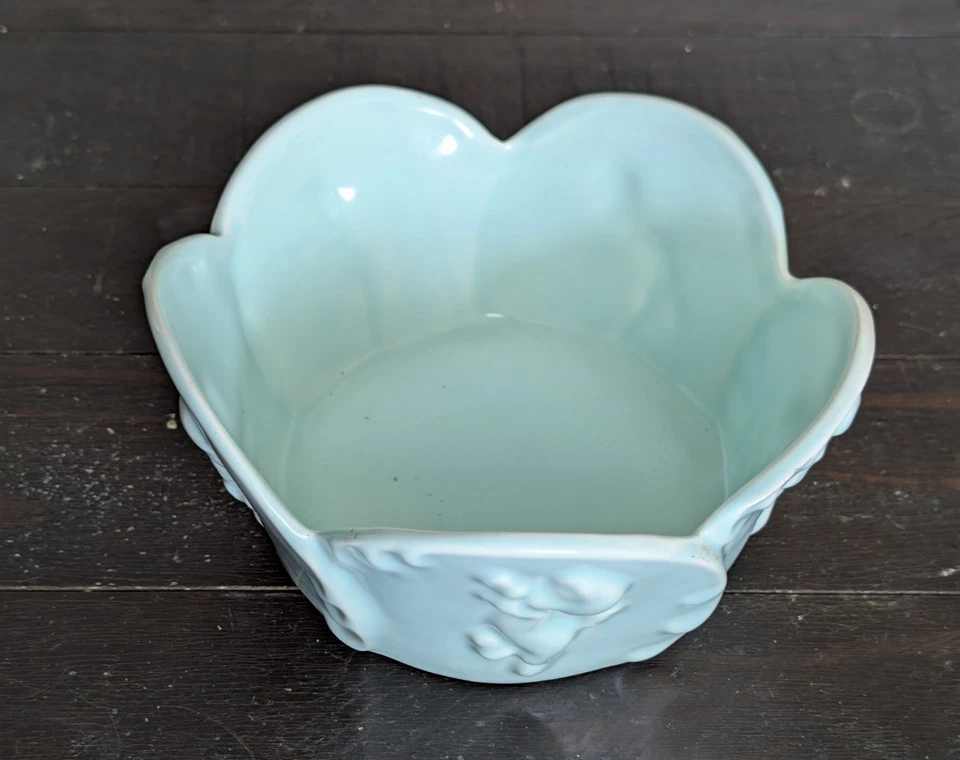 Walt Disney Vernon Kilns 1940 Fantasía #124 Sátiro Querubín Verde azulado Cuenco de cerámica Foto 4 de 4