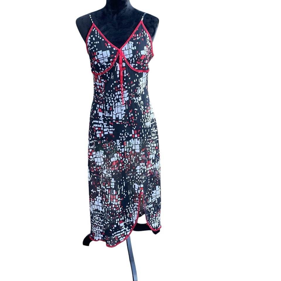 Jones New York Vestido Íntimo Sin Mangas Negro Rojo y Blanco Acampanado Floral Camisón LG Foto 4 de 4