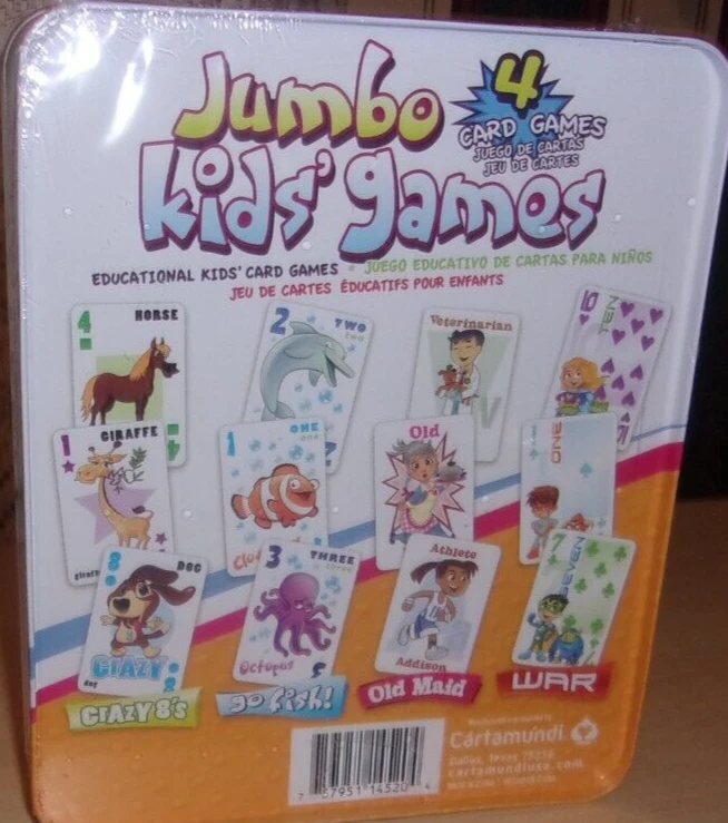 JUMBO KIDS GAMES, GO FISH, CRAZY8'S , WAR, OLD MAID, TIN CANISTER NEW - Image 2 of 2