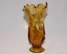 Fenton Art Glass Hand Painted Amber Swirl Ruffled Vase - Signed - Made in USA
