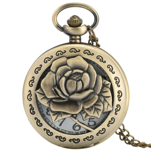 Antiguo Bronce Rosa Flor Cuarzo Reloj de Bolsillo Collar Cadena Colgante Regalo Mujeres - Imagen 2 de 9