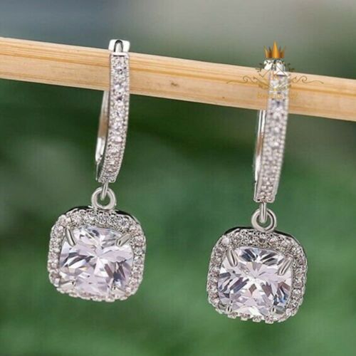 Moissanite Drop/Dangle Earrings Cushion Cut 2.50 CT 14K White Gold Gift For Her - Picture 2 of 9