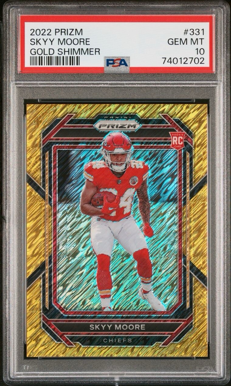 Skyy Moore 2022 Gold Shimmer Prizm PSA10 (POP 2) SSP3/10 #331 Kansas City Chiefs